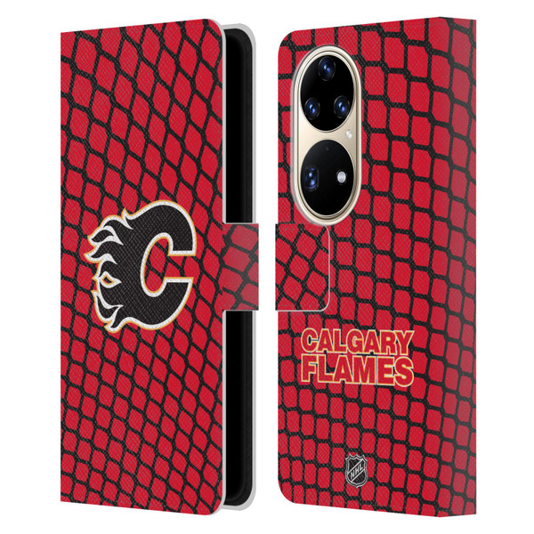 NHL Calgary Flames Net Pattern Leather Book Wallet Case Cover For Huawei P50 Pro