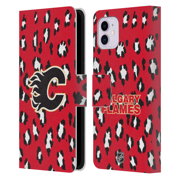 NHL Calgary Flames Leopard Patten Leather Book Wallet Case Cover For Apple iPhone 11