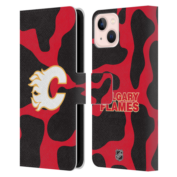 NHL Calgary Flames Cow Pattern Leather Book Wallet Case Cover For Apple iPhone 13