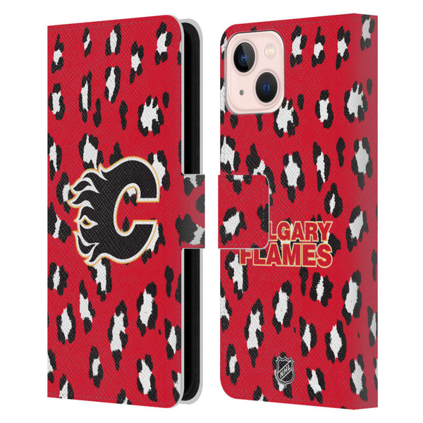 NHL Calgary Flames Leopard Patten Leather Book Wallet Case Cover For Apple iPhone 13