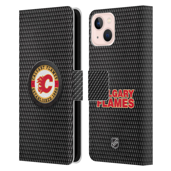 NHL Calgary Flames Puck Texture Leather Book Wallet Case Cover For Apple iPhone 13