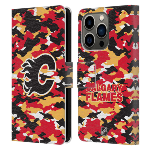 NHL Calgary Flames Camouflage Leather Book Wallet Case Cover For Apple iPhone 14 Pro