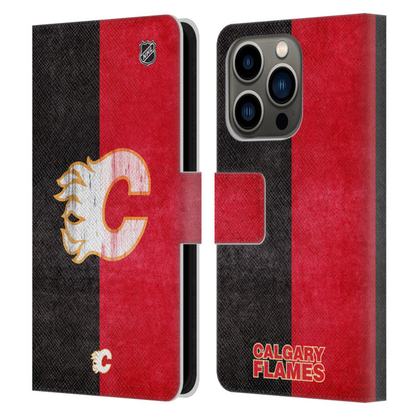 NHL Calgary Flames Half Distressed Leather Book Wallet Case Cover For Apple iPhone 14 Pro