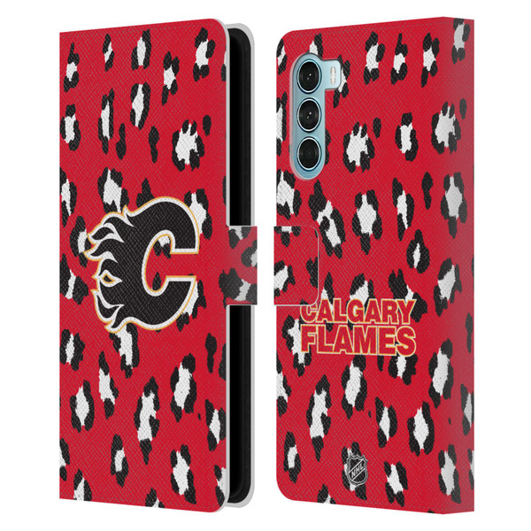 NHL Calgary Flames Leopard Patten Leather Book Wallet Case Cover For Motorola Edge S30 / Moto G200 5G