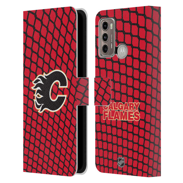 NHL Calgary Flames Net Pattern Leather Book Wallet Case Cover For Motorola Moto G60 / Moto G40 Fusion