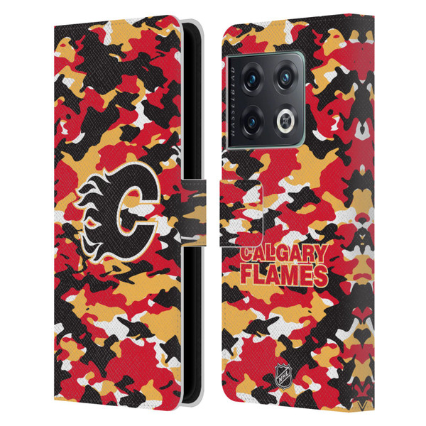 NHL Calgary Flames Camouflage Leather Book Wallet Case Cover For OnePlus 10 Pro