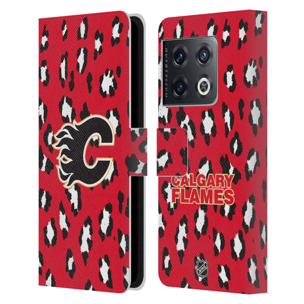 NHL Calgary Flames Leopard Patten Leather Book Wallet Case Cover For OnePlus 10 Pro