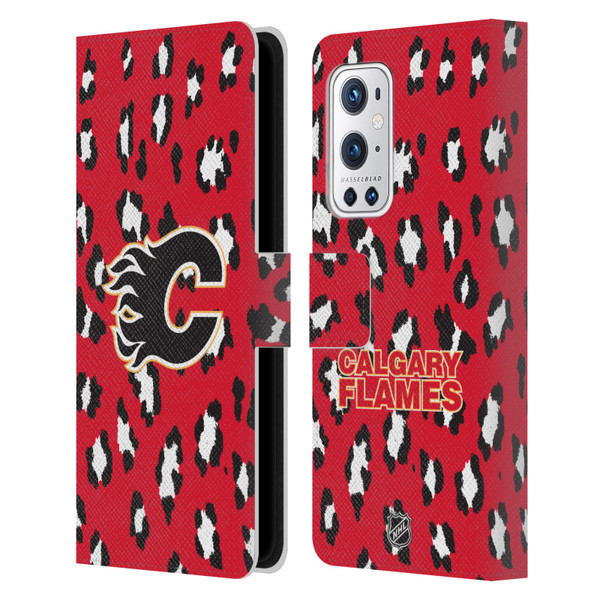 NHL Calgary Flames Leopard Patten Leather Book Wallet Case Cover For OnePlus 9 Pro