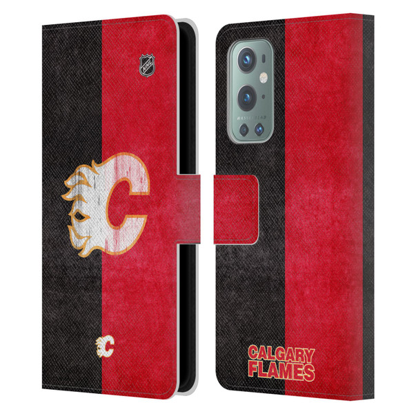 NHL Calgary Flames Half Distressed Leather Book Wallet Case Cover For OnePlus 9