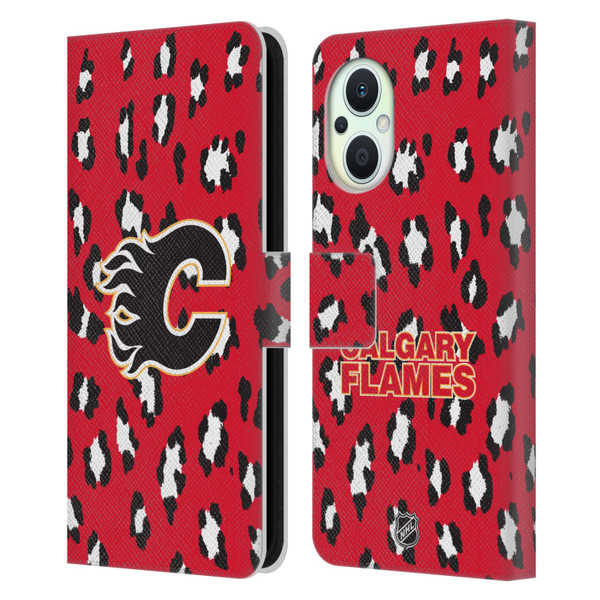 NHL Calgary Flames Leopard Patten Leather Book Wallet Case Cover For OPPO Reno8 Lite