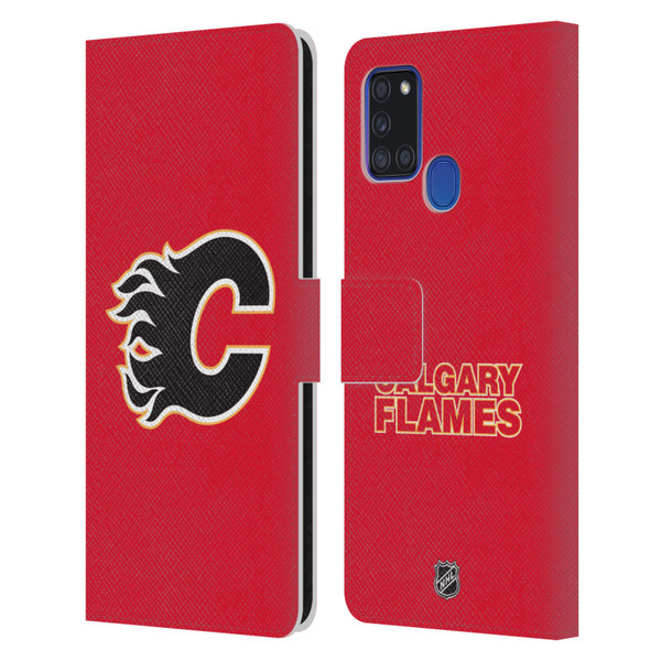 NHL Calgary Flames Plain Leather Book Wallet Case Cover For Samsung Galaxy A21s (2020)