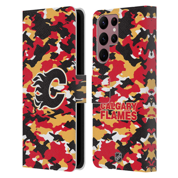 NHL Calgary Flames Camouflage Leather Book Wallet Case Cover For Samsung Galaxy S22 Ultra 5G