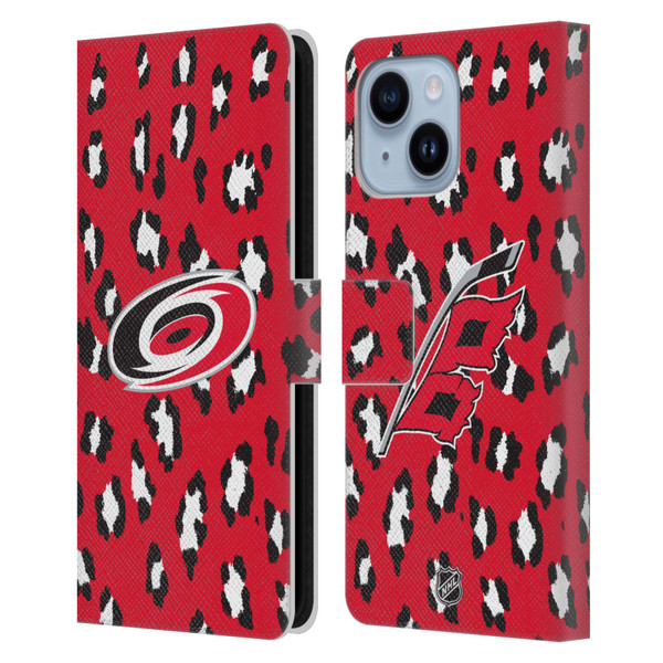 NHL Carolina Hurricanes Leopard Patten Leather Book Wallet Case Cover For Apple iPhone 14 Plus