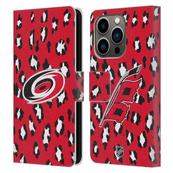 NHL Carolina Hurricanes Leopard Patten Leather Book Wallet Case Cover For Apple iPhone 14 Pro