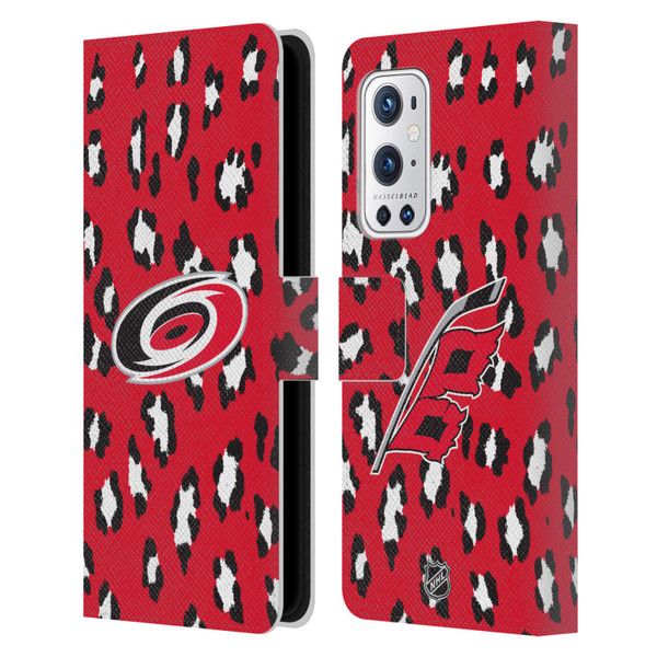 NHL Carolina Hurricanes Leopard Patten Leather Book Wallet Case Cover For OnePlus 9 Pro