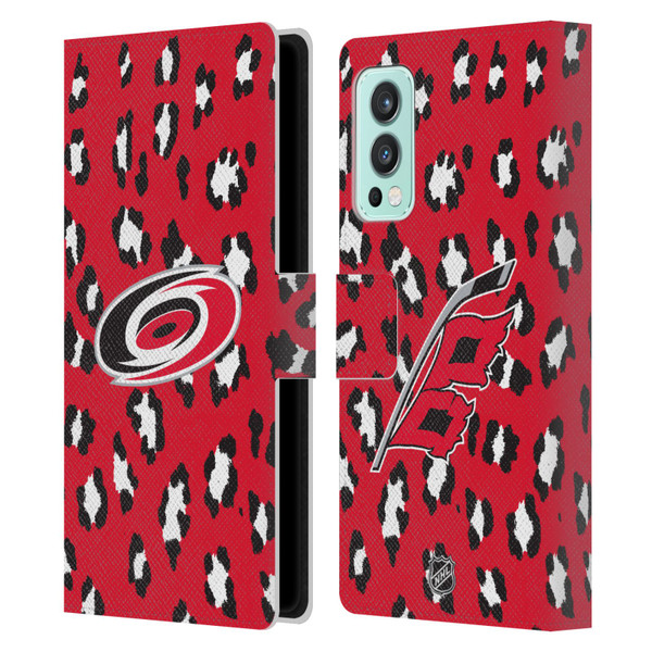 NHL Carolina Hurricanes Leopard Patten Leather Book Wallet Case Cover For OnePlus Nord 2 5G