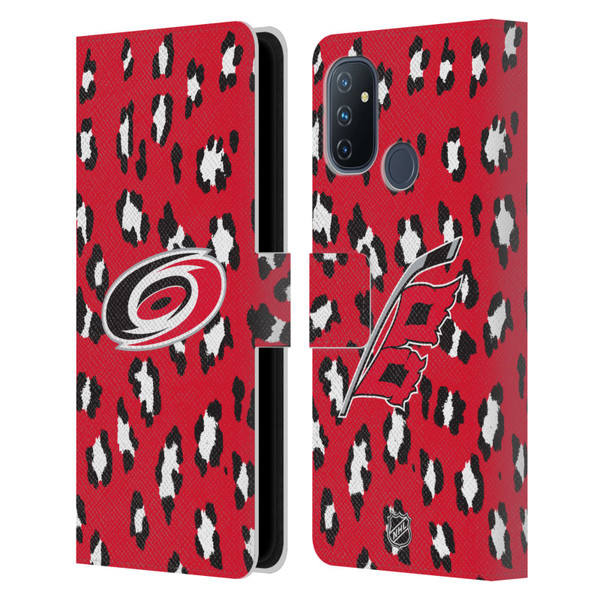 NHL Carolina Hurricanes Leopard Patten Leather Book Wallet Case Cover For OnePlus Nord N100