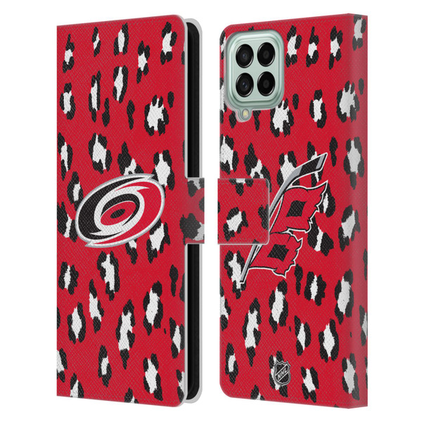 NHL Carolina Hurricanes Leopard Patten Leather Book Wallet Case Cover For Samsung Galaxy M33 (2022)