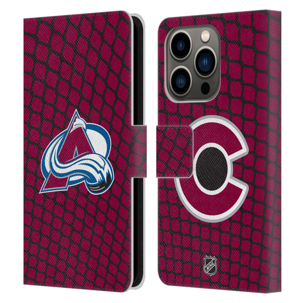 NHL Colorado Avalanche Net Pattern Leather Book Wallet Case Cover For Apple iPhone 14 Pro