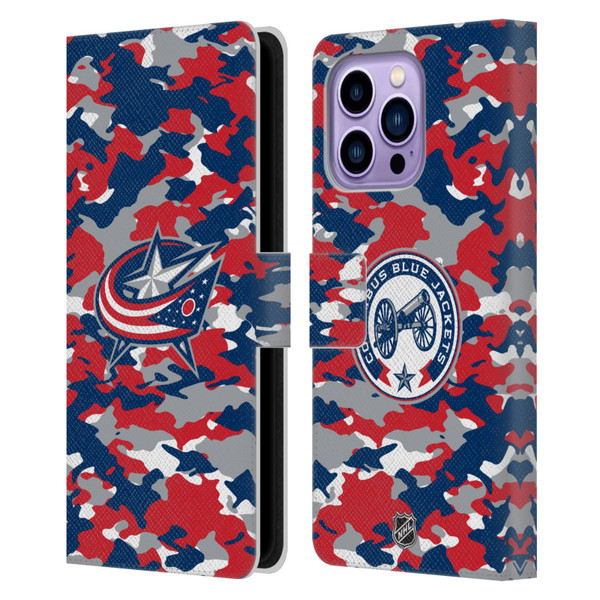 NHL Columbus Blue Jackets Camouflage Leather Book Wallet Case Cover For Apple iPhone 14 Pro Max