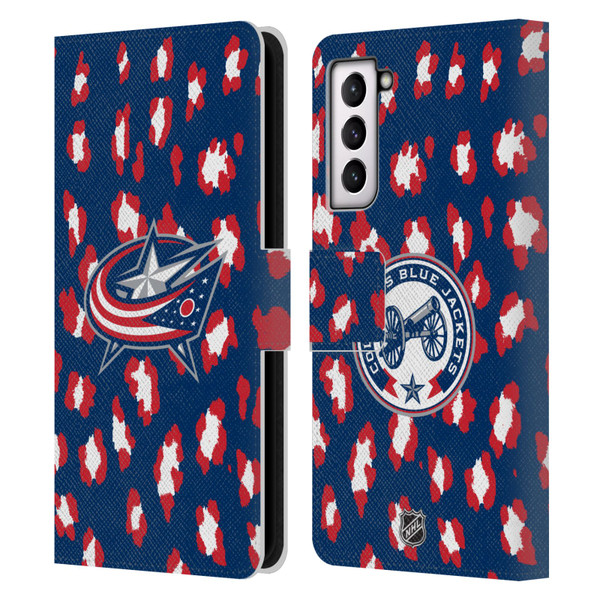 NHL Columbus Blue Jackets Leopard Patten Leather Book Wallet Case Cover For Samsung Galaxy S21 5G