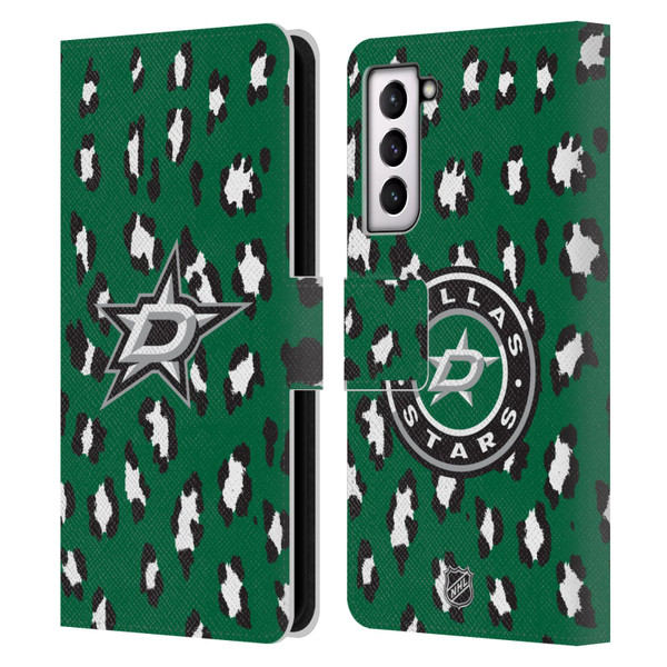 NHL Dallas Stars Leopard Patten Leather Book Wallet Case Cover For Samsung Galaxy S21 5G