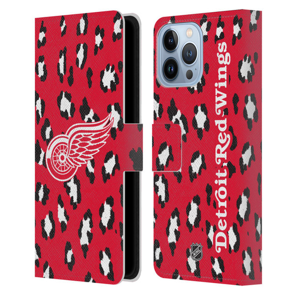 NHL Detroit Red Wings Leopard Patten Leather Book Wallet Case Cover For Apple iPhone 13 Pro Max