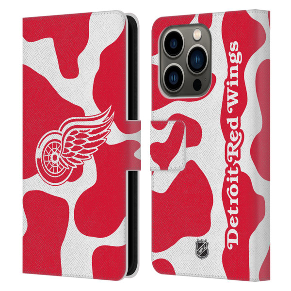 NHL Detroit Red Wings Cow Pattern Leather Book Wallet Case Cover For Apple iPhone 14 Pro