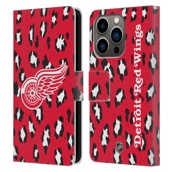 NHL Detroit Red Wings Leopard Patten Leather Book Wallet Case Cover For Apple iPhone 14 Pro