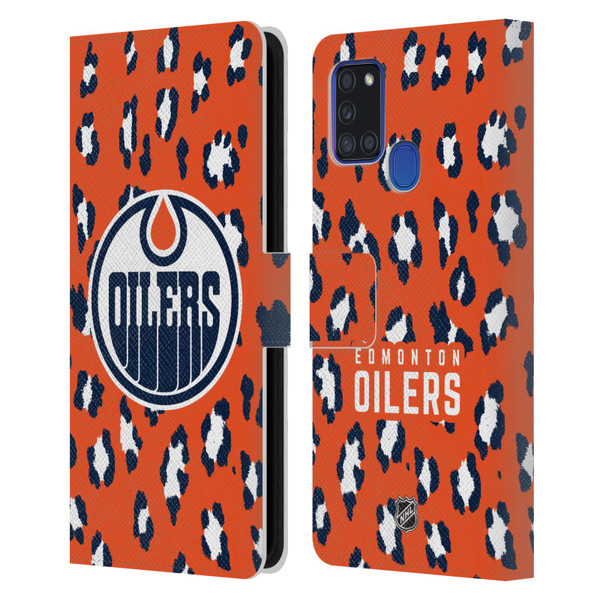 NHL Edmonton Oilers Leopard Patten Leather Book Wallet Case Cover For Samsung Galaxy A21s (2020)