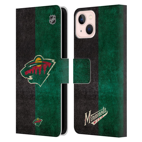 NHL Minnesota Wild Half Distressed Leather Book Wallet Case Cover For Apple iPhone 13