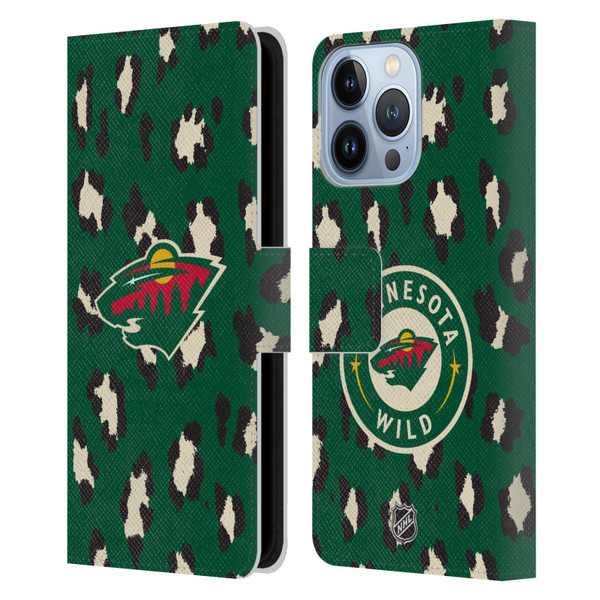 NHL Minnesota Wild Leopard Patten Leather Book Wallet Case Cover For Apple iPhone 13 Pro