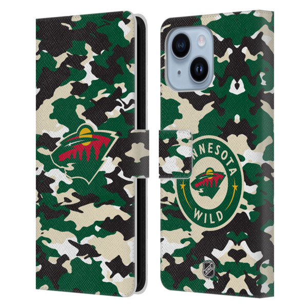 NHL Minnesota Wild Camouflage Leather Book Wallet Case Cover For Apple iPhone 14 Plus