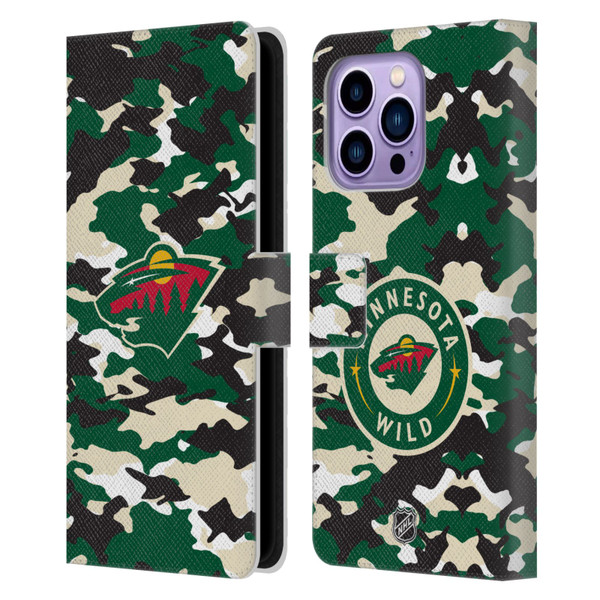 NHL Minnesota Wild Camouflage Leather Book Wallet Case Cover For Apple iPhone 14 Pro Max