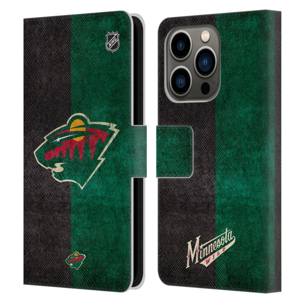 NHL Minnesota Wild Half Distressed Leather Book Wallet Case Cover For Apple iPhone 14 Pro