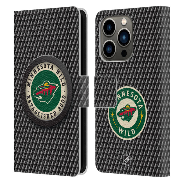 NHL Minnesota Wild Puck Texture Leather Book Wallet Case Cover For Apple iPhone 14 Pro
