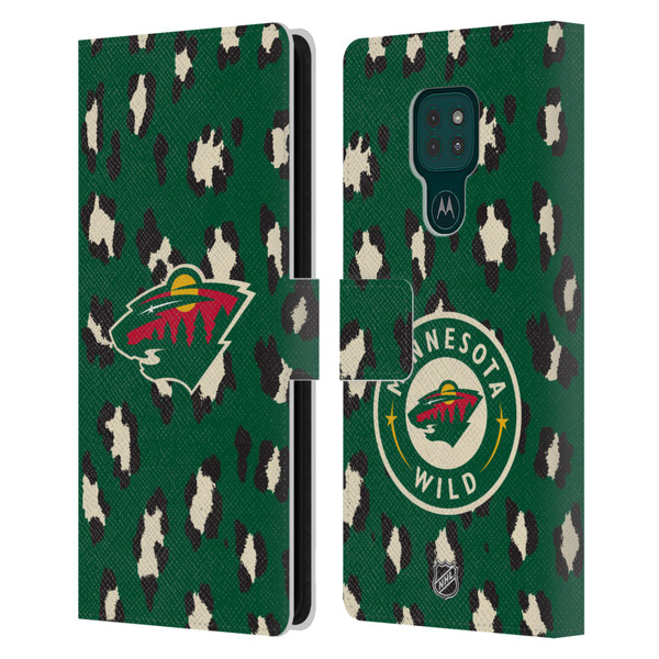 NHL Minnesota Wild Leopard Patten Leather Book Wallet Case Cover For Motorola Moto G9 Play