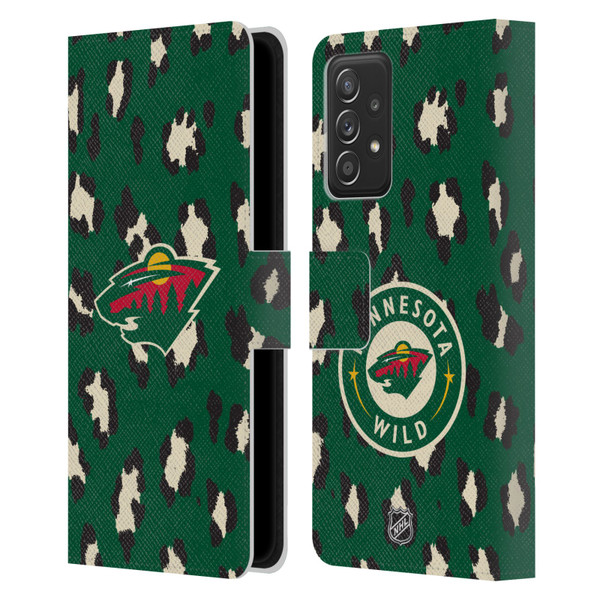 NHL Minnesota Wild Leopard Patten Leather Book Wallet Case Cover For Samsung Galaxy A52 / A52s / 5G (2021)