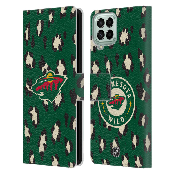 NHL Minnesota Wild Leopard Patten Leather Book Wallet Case Cover For Samsung Galaxy M33 (2022)