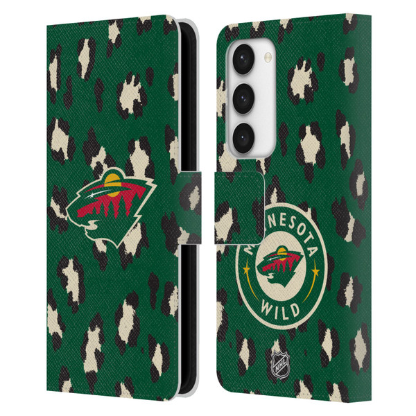 NHL Minnesota Wild Leopard Patten Leather Book Wallet Case Cover For Samsung Galaxy S23 5G