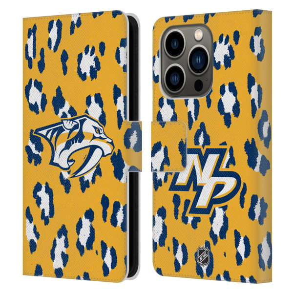 NHL Nashville Predators Leopard Patten Leather Book Wallet Case Cover For Apple iPhone 14 Pro