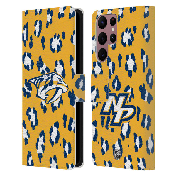 NHL Nashville Predators Leopard Patten Leather Book Wallet Case Cover For Samsung Galaxy S22 Ultra 5G