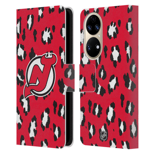 NHL New Jersey Devils Leopard Patten Leather Book Wallet Case Cover For Huawei P50