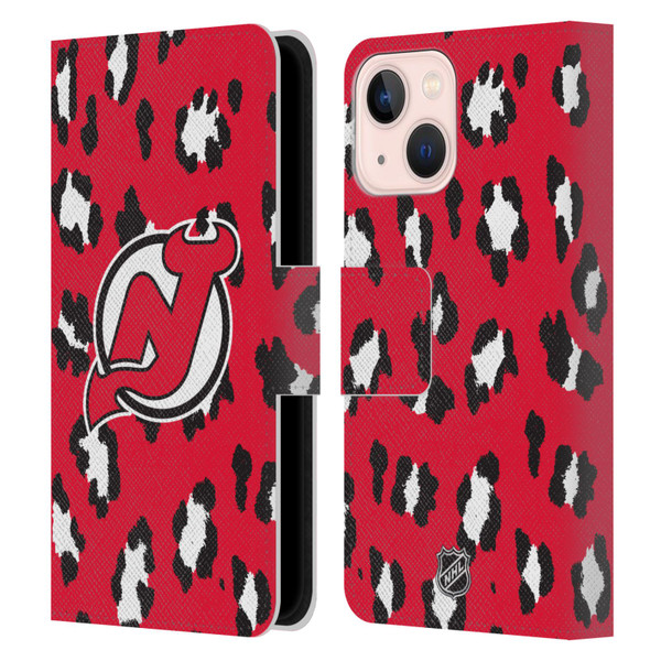 NHL New Jersey Devils Leopard Patten Leather Book Wallet Case Cover For Apple iPhone 13 Mini