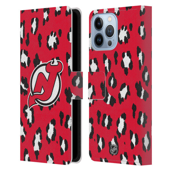 NHL New Jersey Devils Leopard Patten Leather Book Wallet Case Cover For Apple iPhone 13 Pro Max