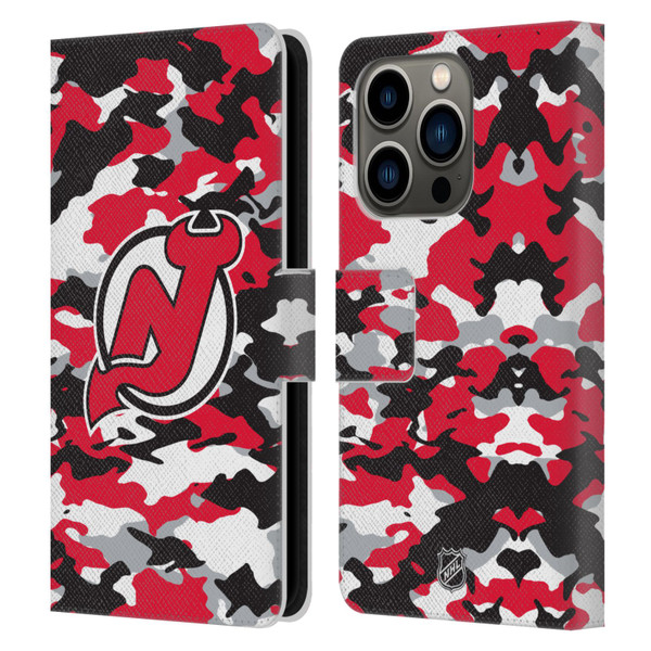 NHL New Jersey Devils Camouflage Leather Book Wallet Case Cover For Apple iPhone 14 Pro