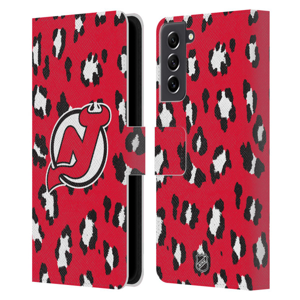 NHL New Jersey Devils Leopard Patten Leather Book Wallet Case Cover For Samsung Galaxy S21 FE 5G