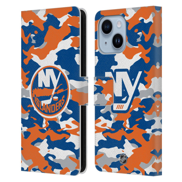 NHL New York Islanders Camouflage Leather Book Wallet Case Cover For Apple iPhone 14 Plus