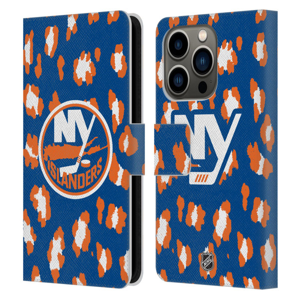 NHL New York Islanders Leopard Patten Leather Book Wallet Case Cover For Apple iPhone 14 Pro
