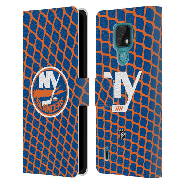 NHL New York Islanders Net Pattern Leather Book Wallet Case Cover For Motorola Moto E7